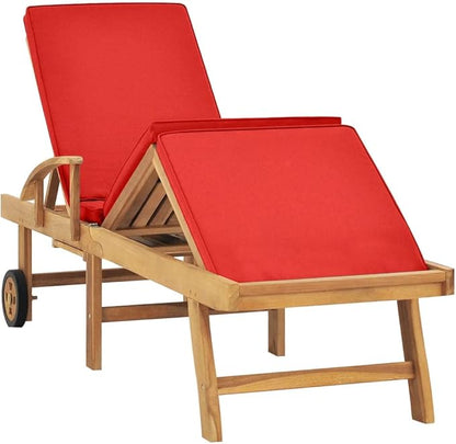 Solid Teak Wood Sun Lounger with Red Cushion, Adjustable Backrest Patio Chair with Wheels, Heavy Duty Outdoor Poolside Lounge Bed for Garden, 76.8 x 23.4 Inches