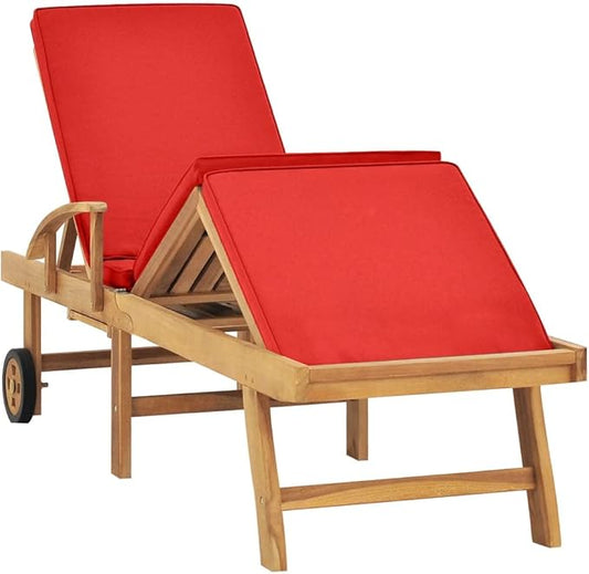 Solid Teak Wood Sun Lounger with Red Cushion, Adjustable Backrest Patio Chair with Wheels, Heavy Duty Outdoor Poolside Lounge Bed for Garden, 76.8 x 23.4 Inches