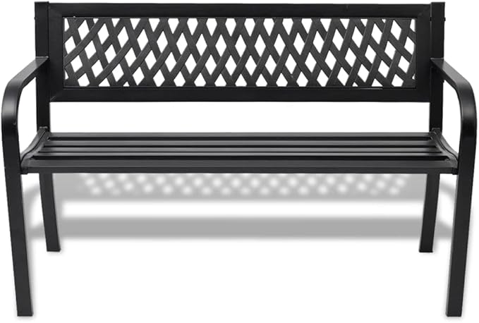 Black Steel Frame 2-Seater Durable Garden Bench with PVC Backrest for Outdoor Patio and Balcony Seating