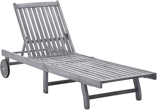 Adjustable Sun Lounger Outdoor Patio Furniture with Wheels, Solid Acacia Wood Grey Wash Finish, Standard Height-Adjustable Backrest for Garden, Poolside, and Balcony Relaxation