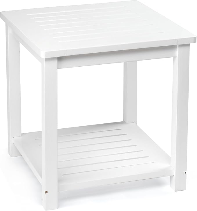 Outvita Patio Small Side Table, Acacia Wood 18 inch Double-Deck Coffee Table with Storage Tier for Living Room, Garden, Balcony, Porch, Deck (White)