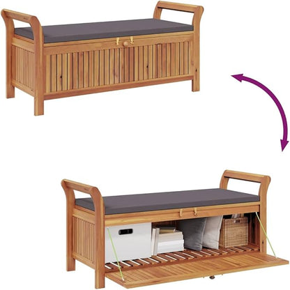 Garden Storage Bench Wood with Dark Grey Cushion, Solid Acacia Wood Outdoor Furniture with Removable Seat Cushion and Under-Seat Storage, Modern Patio Bench for Gardens,