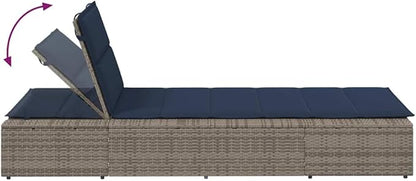 Adjustable Outdoor Chaise Lounge Chair Grey Poly Rattan 15.5x32.6x12.2in Folding Poolside Recliner with Removable Cushion for Patio Balcony Garden