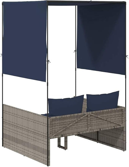 Gray Poly Rattan Patio Double Sun Lounger 17 x 18.3 x 29 in Navy Cushions Outdoor Lounge Chair for Two with Adjustable Roof & Curtains for Garden, Poolside, Balcony