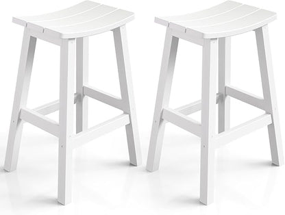 Weatherproof Bar Stools Set of 2, 28" Height Outdoor Bar Stools Holds up to 400 lbs, Saddle Seat, Bar Height Stools for Patio, Garden, and Kitchen Island, White