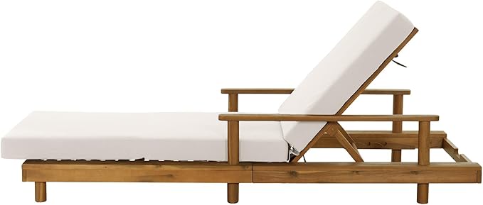 Merax Acacia Wood Outdoor Chaise Lounge Chair with 3-Position Adjustable Back & 4" Thick Removable Cream Cushion, 400lbs Capacity, Modern Large Patio Sun Lounger for Patio Garden Pool