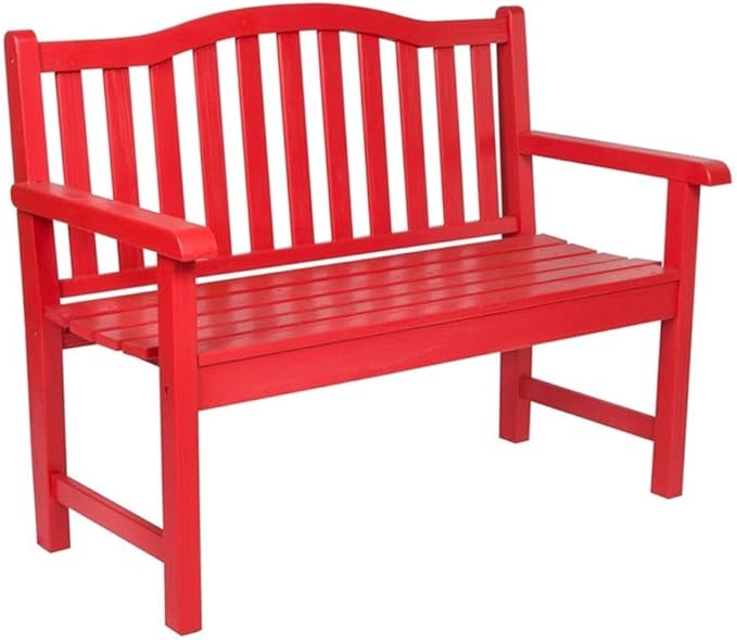 Pemberly Row Traditional Cedar Wood Garden Bench, Red Finish, 43-Inch Seat, Moisture & Decay Resistant, Arched Back Design, Indoor or Outdoor Use for Porch, Patio, Backyard, Office, or Living Room