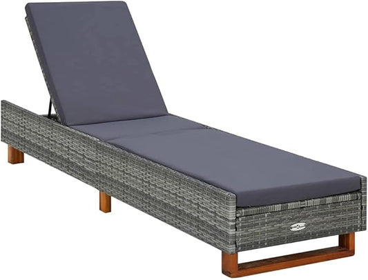 Outdoor Chaise Lounge Grey 78.7"x21.7" Adjustable Backrest, All-Weather PE Rattan Recliner with Water-Resistant Cushion, Powder-Coated Frame for Patio, Garden, Poolside and Balcony
