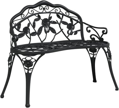 Traditional Cast Iron Garden Bench with Floral Inlays, 2-Person Outdoor Seating, Black Matte Finish, Sturdy Durable Patio Furniture for Garden and Park