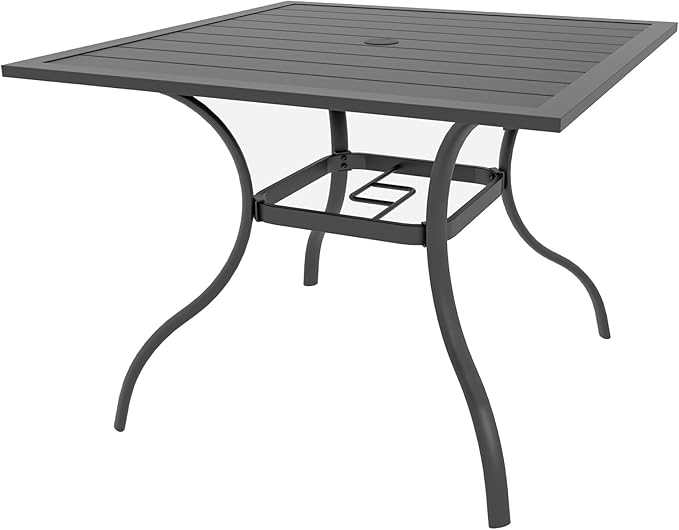 Outdoor Dining Table with 1.57" Umbrella Hole, Picnic Table Metal Steel Square Backyard Bistro Table Outdoor Dining Table for Garden, Poolside, Backyard, Black, 35x35inch