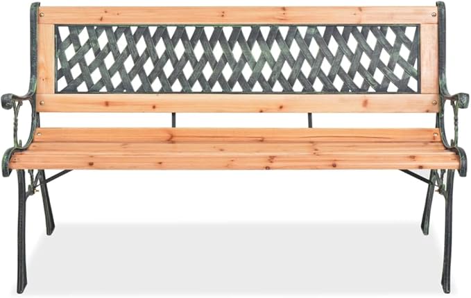 Garden Bench with Geometric Backrest, Solid Wood Seat and Wrought Iron Frame, 48 Inch Outdoor Bench for Patio, Garden or Balcony, Durable and Comfortable Seating Furniture