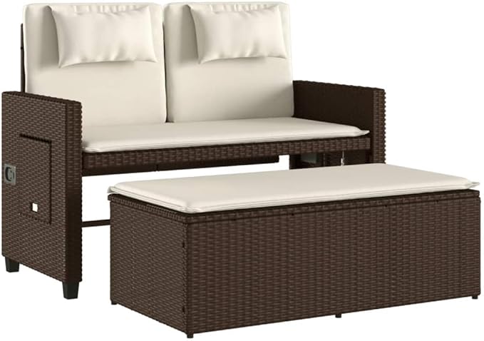 Garden Bench Deck Bench Reclining Patio Bench with Cushions Brown Poly Rattan - Photo 5