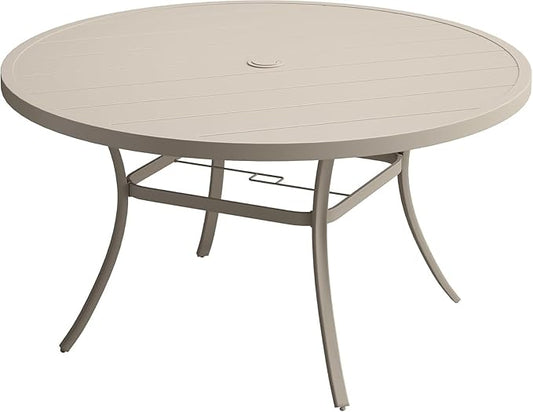 VICLLAX 50" Outdoor Round Patio Dining Table for 4-6, All Weather Metal Dining Table with Umbrella Hole for Deck Lawn Garden Backyard, Sandshell