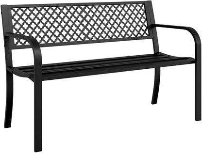 Black Steel Garden Bench 47 Inches Width Durable Outdoor Seating with Powder Coated Finish for Patio Backyard Comfortable Modern Design