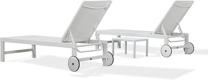 PURPLE LEAF Outdoor Chaise Lounge Chairs Set of 2 White Aluminum Lounge Chair Five-Position Adjustable Chaise with Wheels and Table for Pool Deck Patio, Ivory