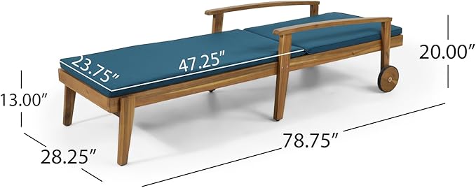 Outdoor Chaise Lounge Chair, Pool Lounge Chairs with Wheels, 5-Position Adjustable Backrest & Wood Frame - Photo 2