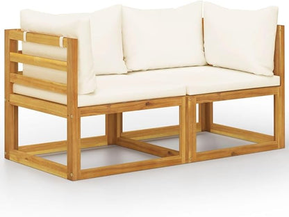Modern Cream White 2-Seater Corner Sofa Set for Garden Patio Balcony Outdoor Seating with Acacia Wood Frame and Cushions, Modular Design Easy Rearrangement, Durable