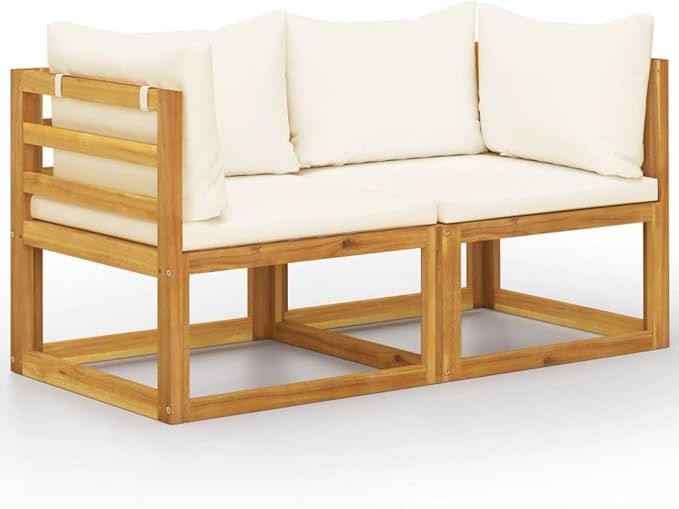 Modern 2-Seater Corner Sofa Set for Outdoor Garden Patio Balcony, Solid Acacia Wood Frame with Cream White Cushions, Modular Design for Flexible Arrangement, Durable
