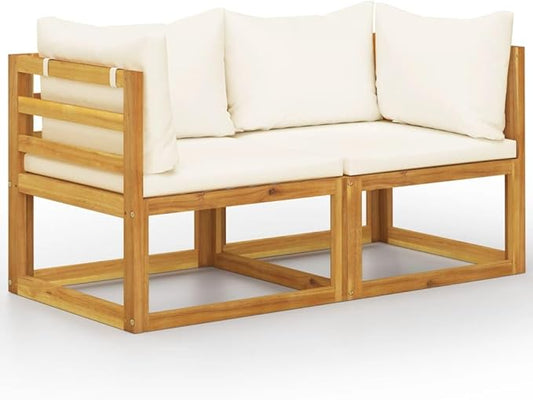 Modern 2-Seater Corner Sofa Set for Outdoor Garden Patio Balcony, Solid Acacia Wood Frame with Cream White Cushions, Modular Design for Flexible Arrangement, Durable
