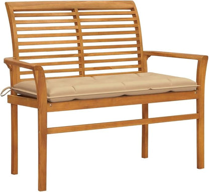 Rustic Solid Teak Garden Bench with Plush Beige Cushion, Durable Outdoor Patio Bench for Balcony or Conservatory, Comfortable Seating for Two, Easy Maintenance Wooden