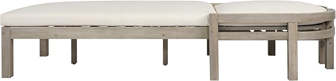 Acacia Wood Outdoor Chaise Lounge, Patio Recliner with Cushions and Arched 5-Position Adjustable Backrest, Outdoor Lounge Chairs for Poolside, Garden, Backyard (Gray-Z1)