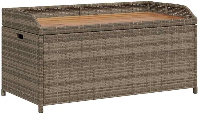 Storage Bench Grey and Brown, Modern Poly Rattan and Acacia Wood Storage Bench with Gas Spring Lid, UV Resistant and Water-Resistant for Patio Balcony Garden, Ample Capacity