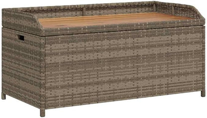 Outdoor Storage Bench 39.4 inch Grey Poly Rattan with Acacia Wood Frame, UV Resistant Garden Seating, 169 gal Capacity Patio Box for Balcony, Porch and Backyard