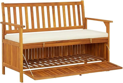 Solid Acacia Wood Storage Bench with Polyester Cushion, Rustic Natural Finish for Hallway Garden Patio Entryway, Durable Indoor Outdoor Furniture, Comfortable Seating