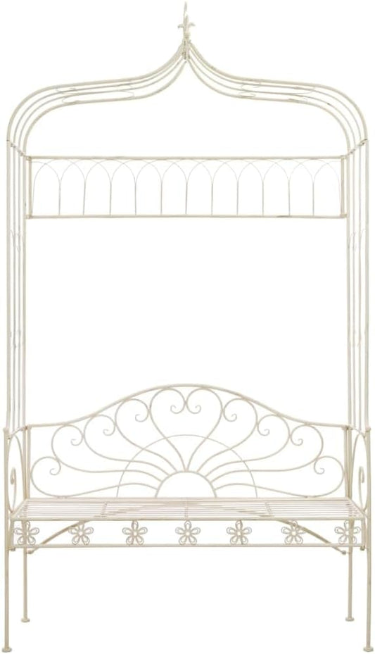 Antique White Wrought Iron Standard Garden Bench for Outdoor Patio, Comfortable Seating for Two, Durable Metal Furniture with Classic Finish, Perfect for Backyard and Garden