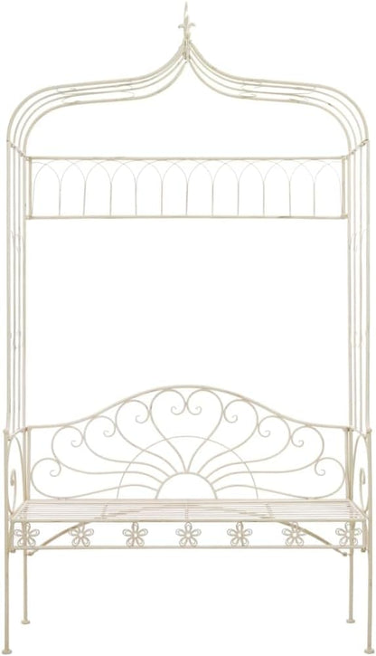 Antique White Wrought Iron Standard Garden Bench for Outdoor Patio, Comfortable Seating for Two, Durable Metal Furniture with Classic Design, 48 Inch Long Garden Seat