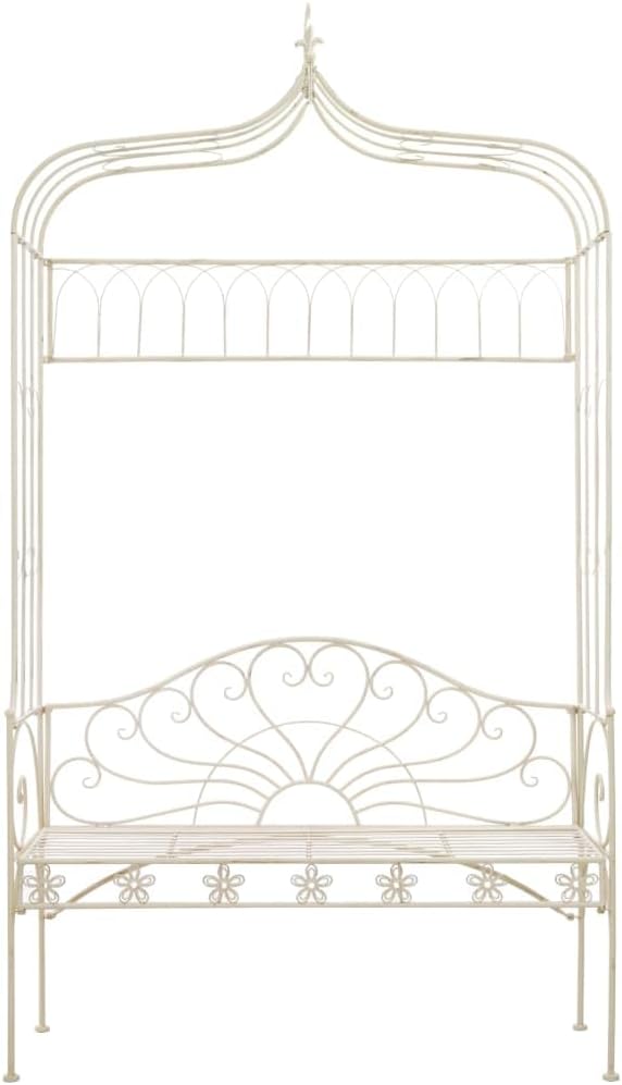 Garden Bench Antique White Wrought Iron Patio Bench Durable Construction for Garden and Patio