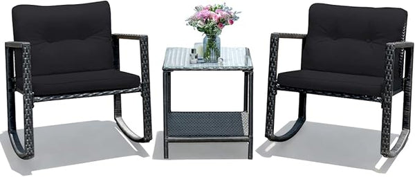 COSTWAY 3 Pieces Patio Rattan Rocking Chair Set, Outdoor Conversation Furniture Sets with Coffee Table - Photo 1