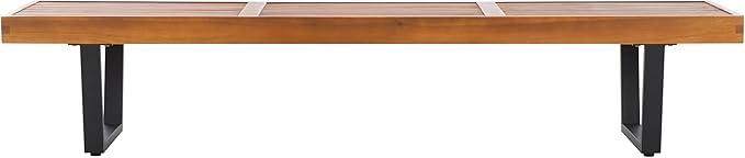 SAFAVIEH Outdoor Patio Furniture Collection – Heather Natural Brown Solid Wood Patio Bench with Black Steel Legs, 72-Inch Modern Outdoor Seating for Garden, Porch or Patio (PAT7327B)