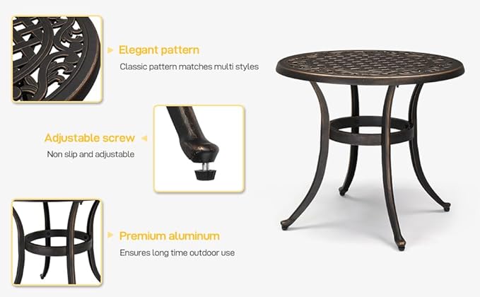 Bonnlo 23.6 Inch Cast Aluminum Outdoor Side Table, Anti-Rust Coffee Bistro Table for Outdoor, Patio, Garden, Porch, Balcony End Table (Round, Bronze)
