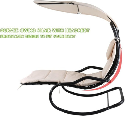 Outdoor Hammock Rocking Chaise Lounge Swing Chair, with Stand and Canopy, Porch Swing w/Soft Cushion Removable Headrest, Outdoor Recliner Rocking Chair for Garden Backyard Poolside (Beige)