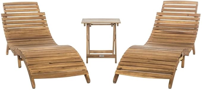 SAFAVIEH Outdoor Collection Pacifica Natural Brown Solid Wood/Beige Cushion 3-Piece Chaise Lounge Set with Table (PAT7020B)