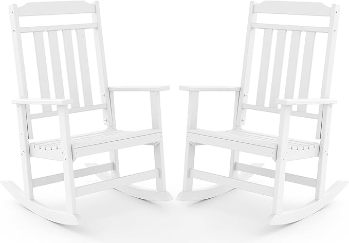 GREENVINES Outdoor-Rocking-Chairs-Set-of-2 | HDPE Plastic | Patio Rockers | Porch Rocker Chair | Oversized | High Back | Big & Tall | White
