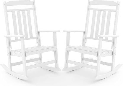 GREENVINES Outdoor-Rocking-Chairs-Set-of-2 | HDPE Plastic | Patio Rockers | Porch Rocker Chair | Oversized | High Back | Big & Tall | White