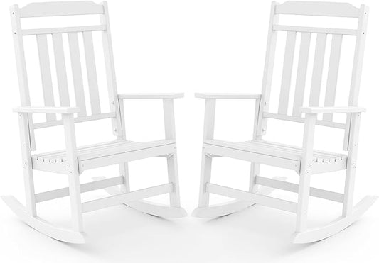 GREENVINES Outdoor-Rocking-Chairs-Set-of-2 | HDPE Plastic | Patio Rockers | Porch Rocker Chair | Oversized | High Back | Big & Tall | White