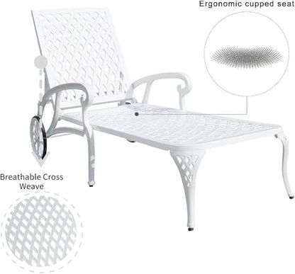 Chaise Outdoor Aluminum Lounge Chair with Wheels, 3-Position Adjustable Recliner Furniture Set for Poolside, Backyard and Patio (1pc, White)
