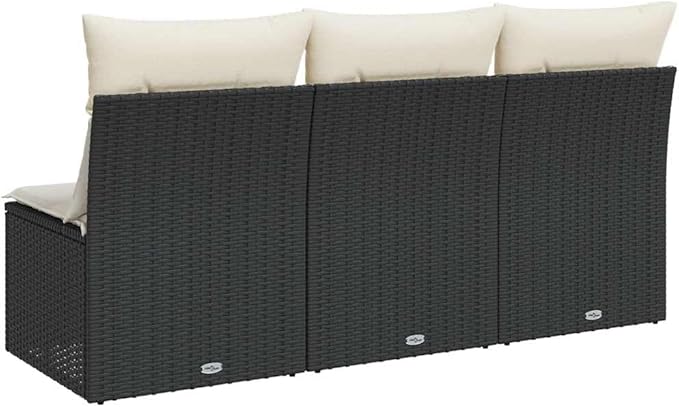 3-Seater Garden Sofa in Black and Cream White, Modular Outdoor Furniture with Weather-Resistant Poly Rattan Frame, Removable Cushions and Waterproof Storage Bag for Patio,