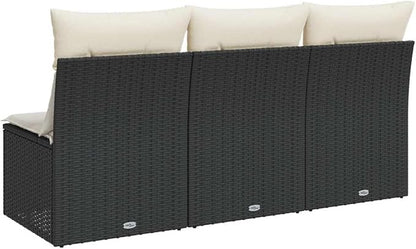 3-Seater Garden Sofa in Black and Cream White, Modular Outdoor Furniture with Weather-Resistant Poly Rattan Frame, Removable Cushions and Waterproof Storage Bag for Patio,