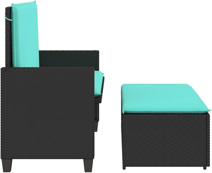 Garden Bench Deck Bench Patio Bench with Cushions and Footstool Black Poly Rattan - Photo 6