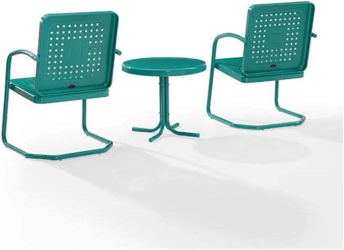Pemberly Row 3 Piece Metal Outdoor Chair Set, Turquoise Gloss Finish, Retro Patio Furniture with Basket Weave Design, Cantilever Base Chairs and Pedestal Side Table, Weatherproof for Small Outdoor