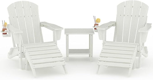Garvee Folding Adirondack Chair Set of 5, HDPE Outdoor Patio Chair with Cup Holder, All Weather Resistent Wooden Textured for patios, Decks, Gardens, fire Pit, White