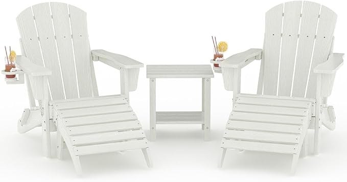 Folding Adirondack Chair Set of 5, All-Weather HDPE Outdoor Chair, Wooden Textured with Cup Holder for patios, Decks, Gardens, fire pits, White