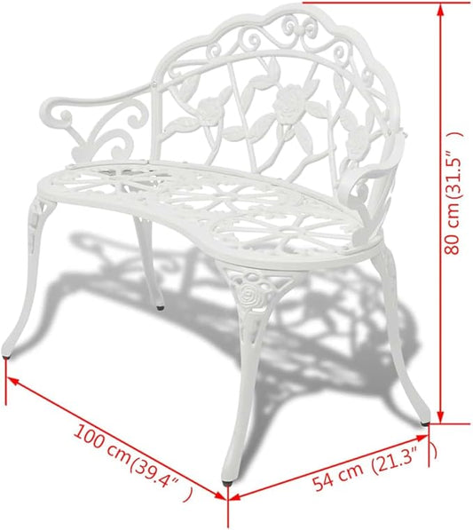 vidaXL 39.4" C White Cast Aluminum Patio Bench | Weather- | Romantic Design | Two-Person Seating | Proposition 65 Warning | Suitable for Garden and Outdoor Spaces