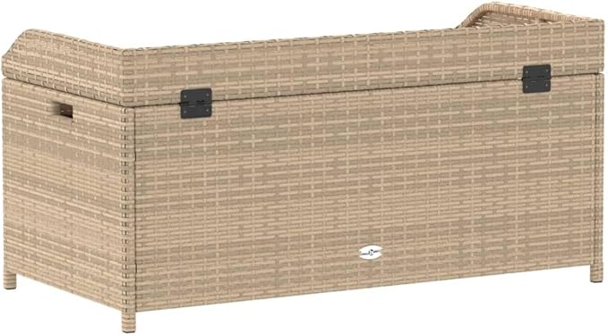 Outdoor Storage Bench with Seat. Mix Beige 39.4x19.7x20.5 Inches. Weatherproof PE Rattan and Acacia Wood Patio Furniture. Garden Storage Box with Waterproof Bag for Cushions Organization