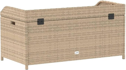 Outdoor Storage Bench with Seat. Mix Beige 39.4x19.7x20.5 Inches. Weatherproof PE Rattan and Acacia Wood Patio Furniture. Garden Storage Box with Waterproof Bag for Cushions Organization