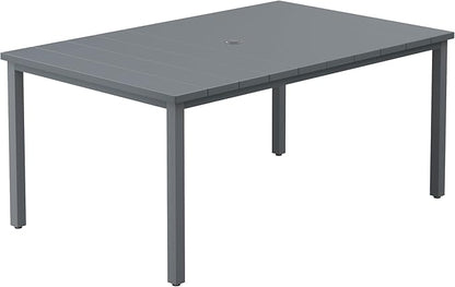 DIFY 63" Rectangle Outdoor Dining Table for 6, Slatted Metal Patio Table with Adjustable Umbrella Hole, All-Weather Patio Dining Table for Garden Backyard Deck, Grey Tabletop
